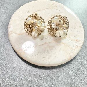 Vintage Marino Gold Tone Filigree Beaded Cluster Clip-on Earrings